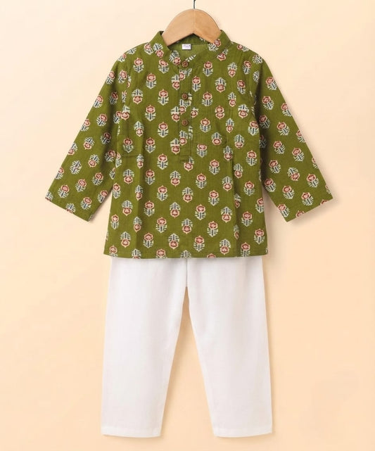 Tiny Bugs Boys Printed Kurta Pajama - Olive Green