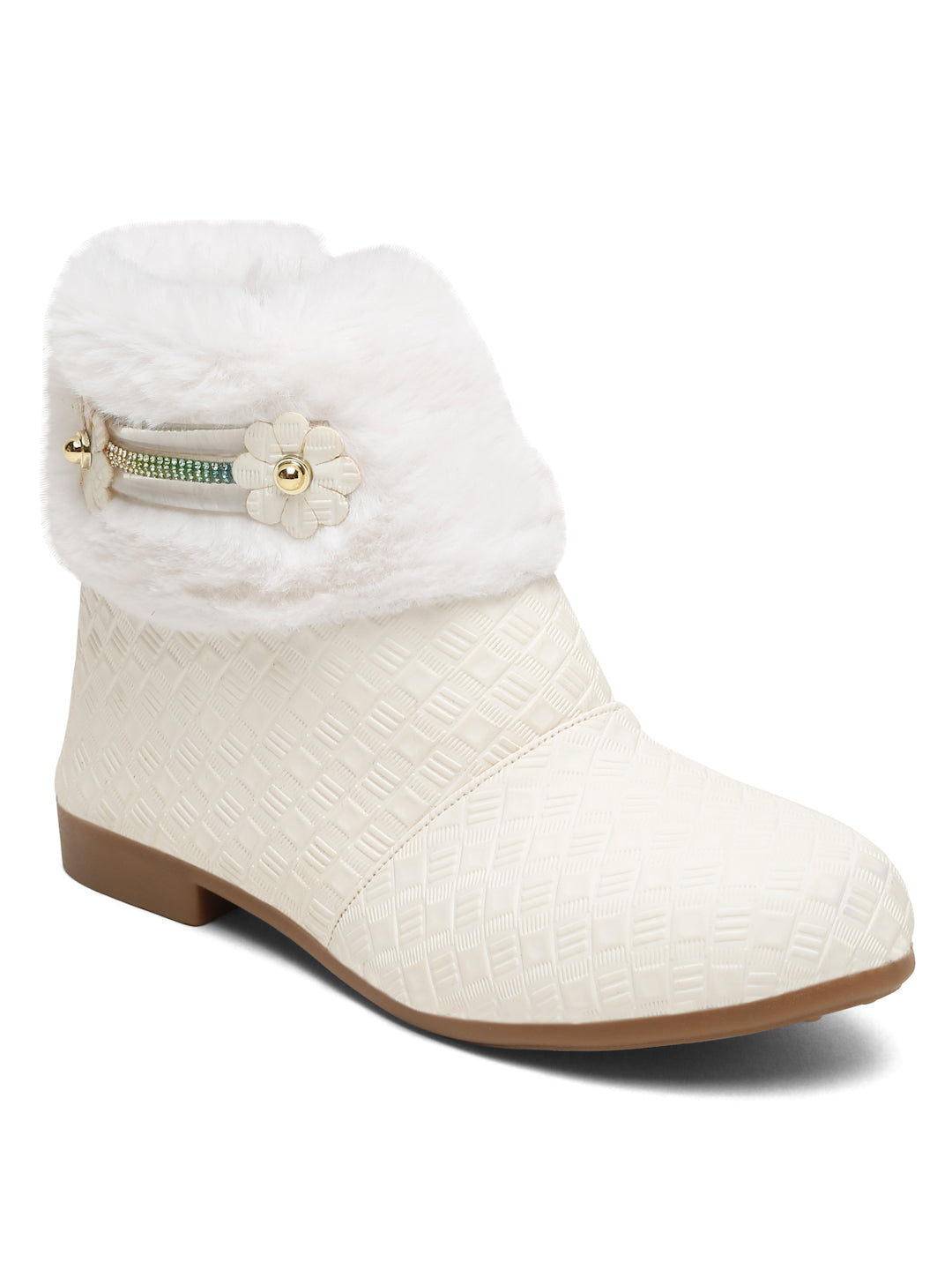Tiny Bugs Girls Party Wear Embellished Fur Boots - White