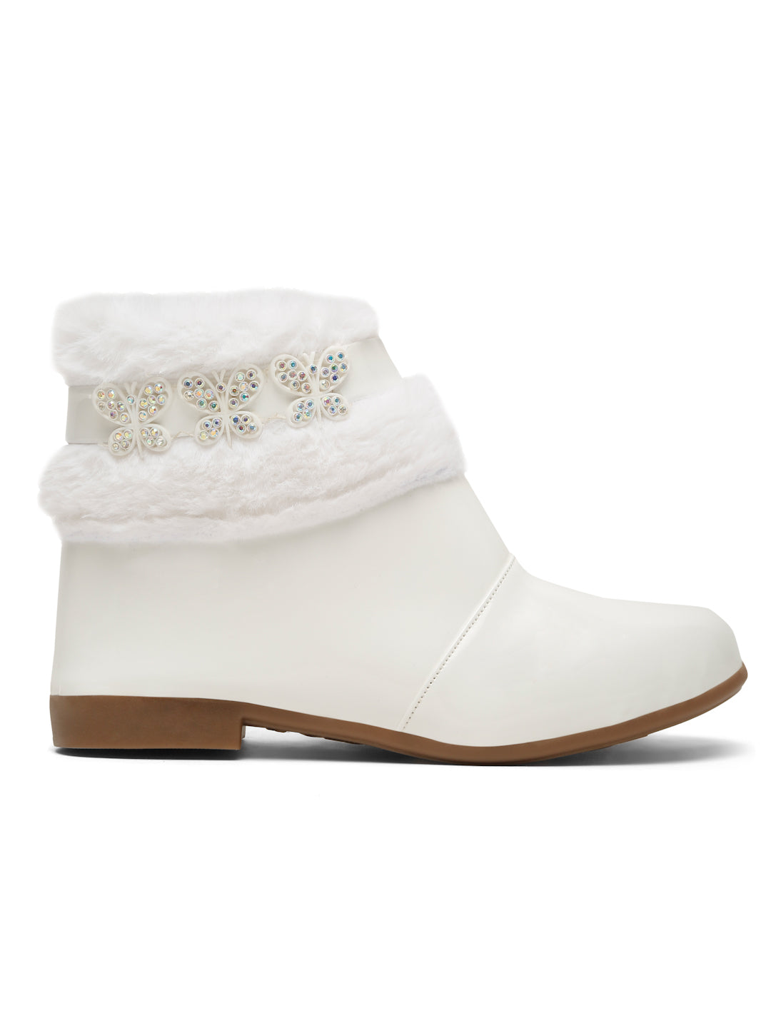 Tiny Bugs Girls Party Wear Embellished Fur Boots - White