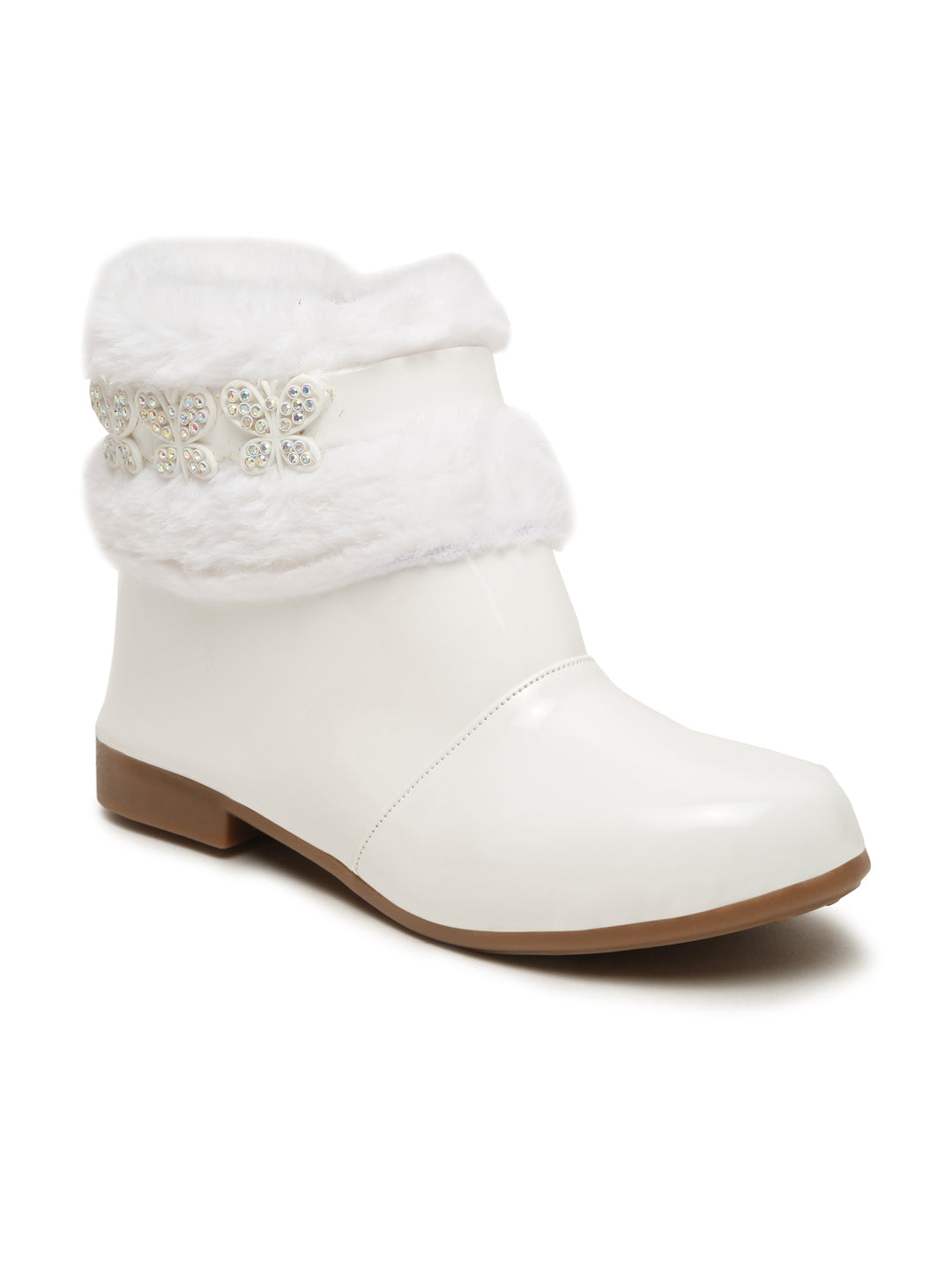 Tiny Bugs Girls Party Wear Embellished Fur Boots - White