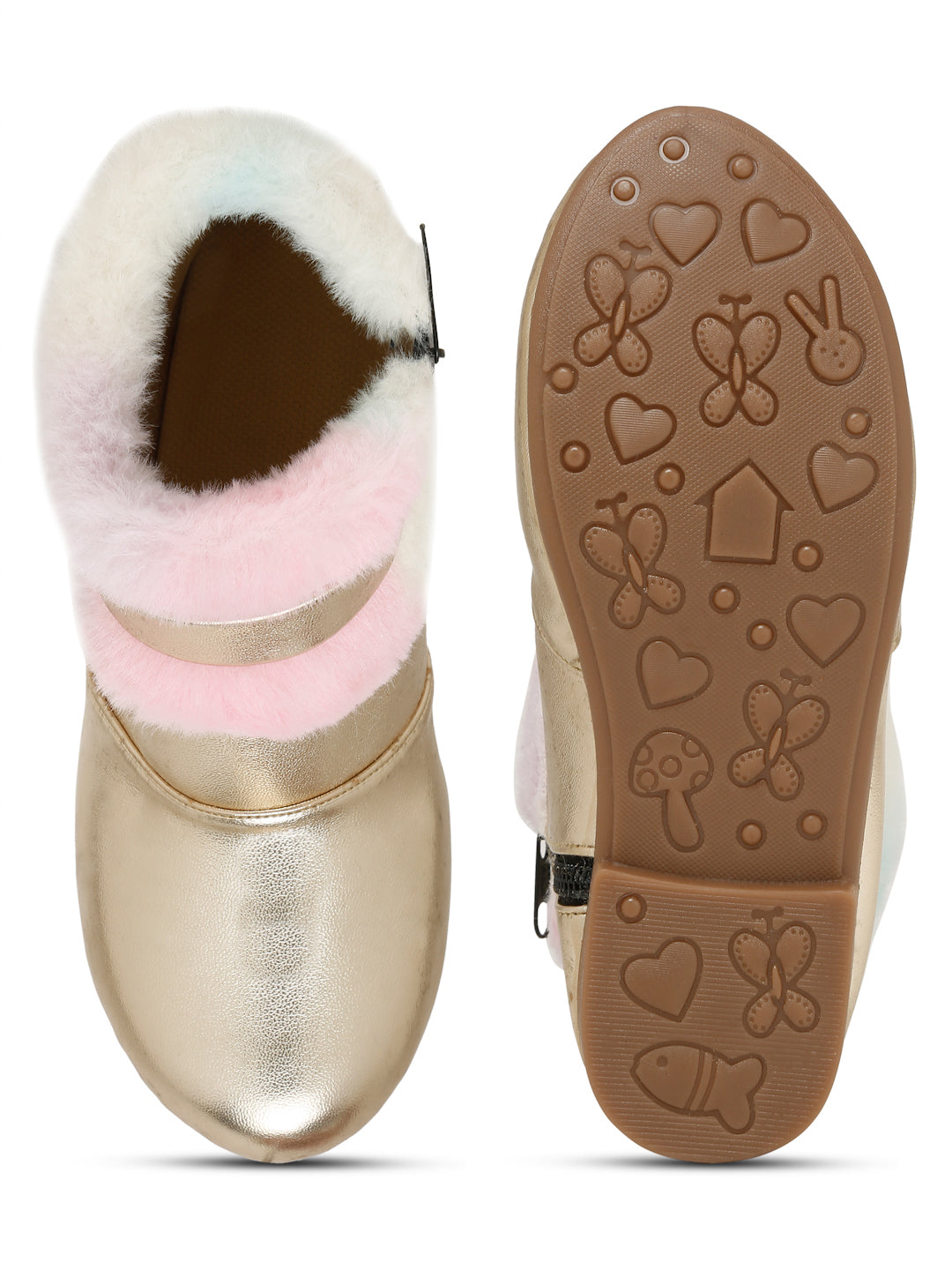 Tiny Bugs Girls Party Wear Fur Boots - Gold