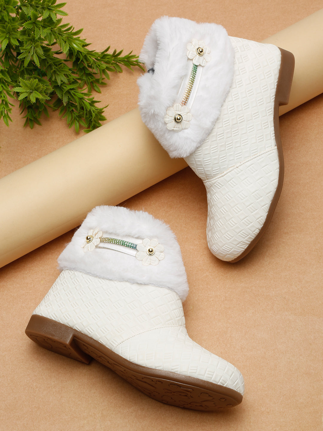 Tiny Bugs Girls Party Wear Embellished Fur Boots - White