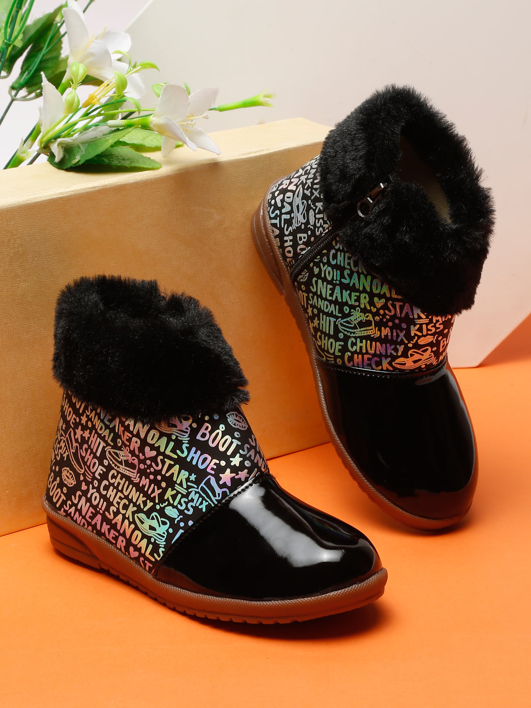 Tiny Bugs Girls Party Wear Fur Boots Black