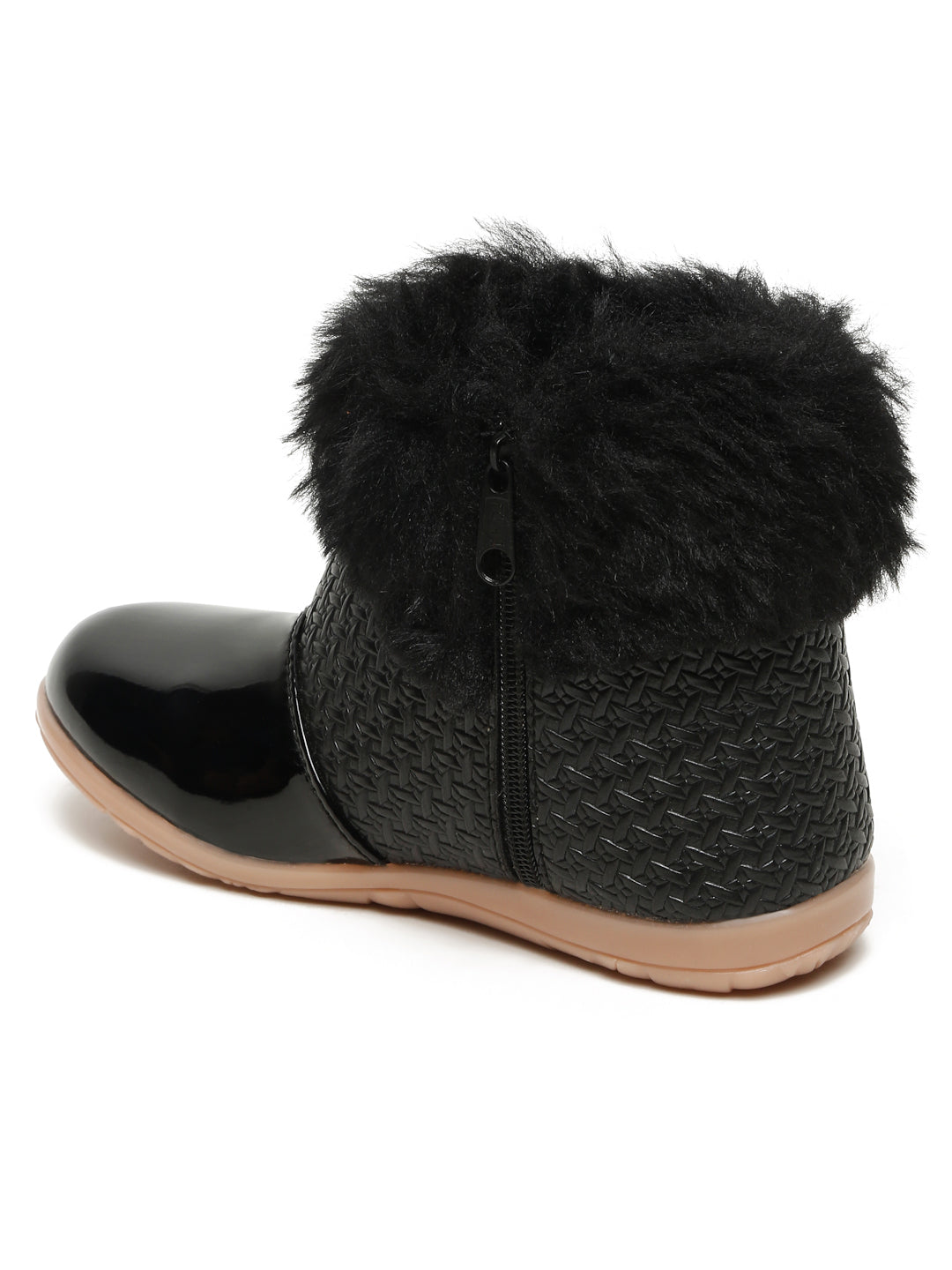 Tiny Bugs Girls Party Wear Embellished Fur Boots - Black