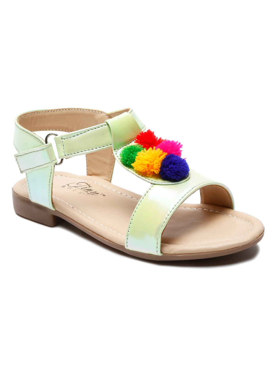 Tiny Bugs Girls Ethnic Pompom Applique Sandals - Green
