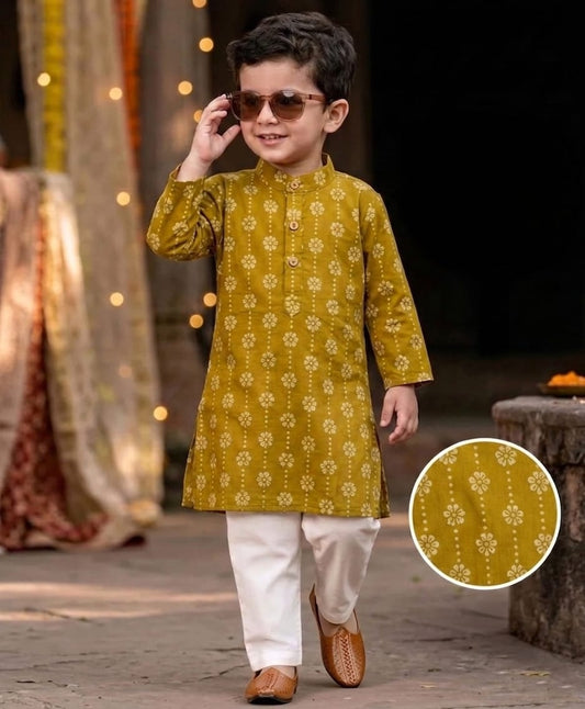 Tiny Bugs Boys Printed Kurta Pajama - Mustard