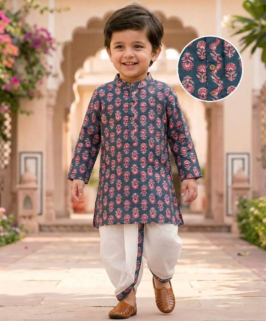 Tiny Bugs Boys Printed Kurta Dhoti - Navy Blue