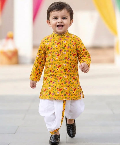 Tiny Bugs Boys Printed Kurta Dhoti - Yellow