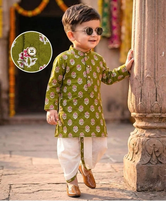 Tiny Bugs Boys Printed Kurta Dhoti - Olive Green