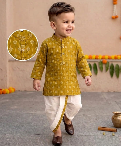 Tiny Bugs Boys Printed Kurta Dhoti - Mustard