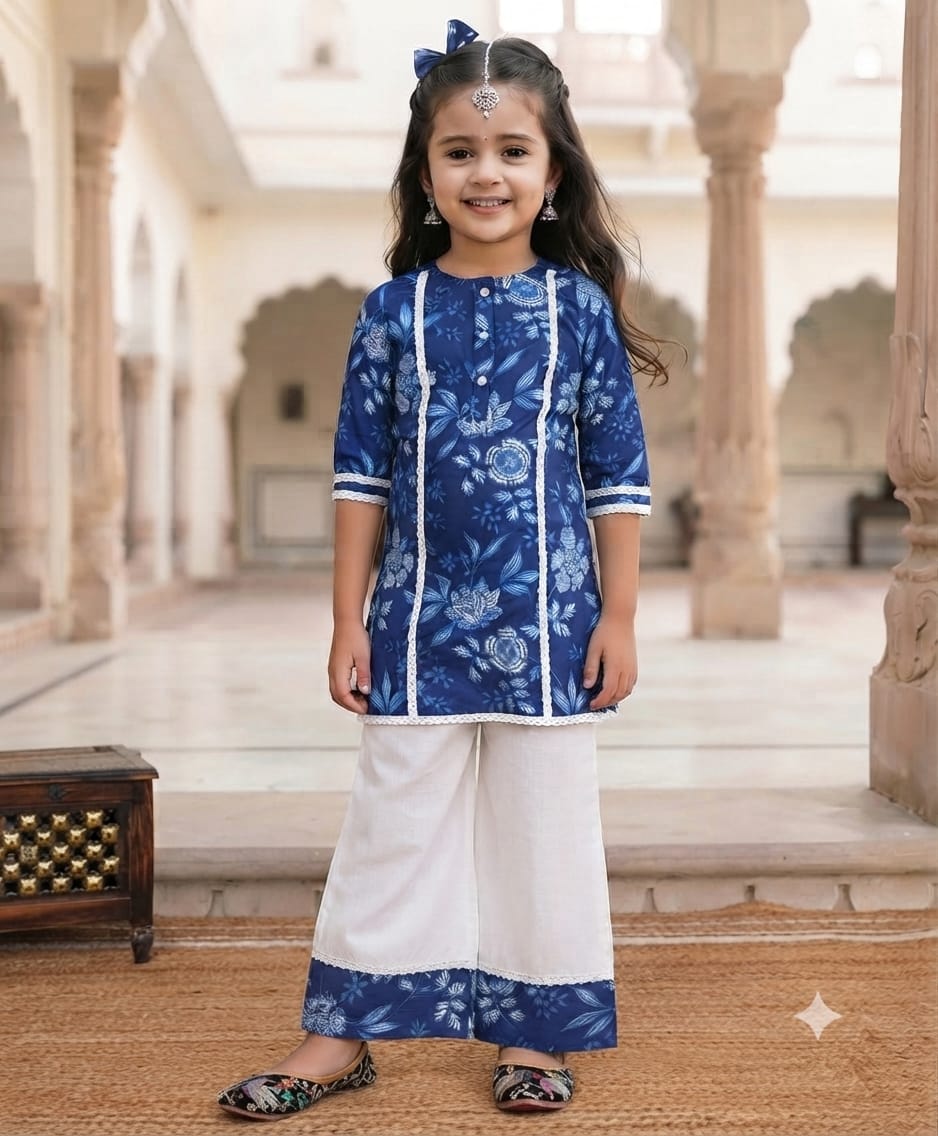 Tiny Bugs Girls Ethnic Kurta Sarara Set -  Blue