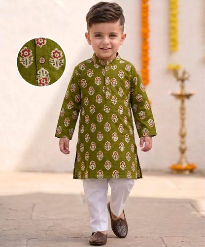 Tiny Bugs Boys Printed Kurta Dhoti - Mustard