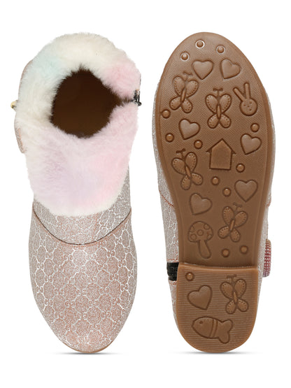 Tiny Bugs Girls Party Wear Embellished Fur Boots - Gold