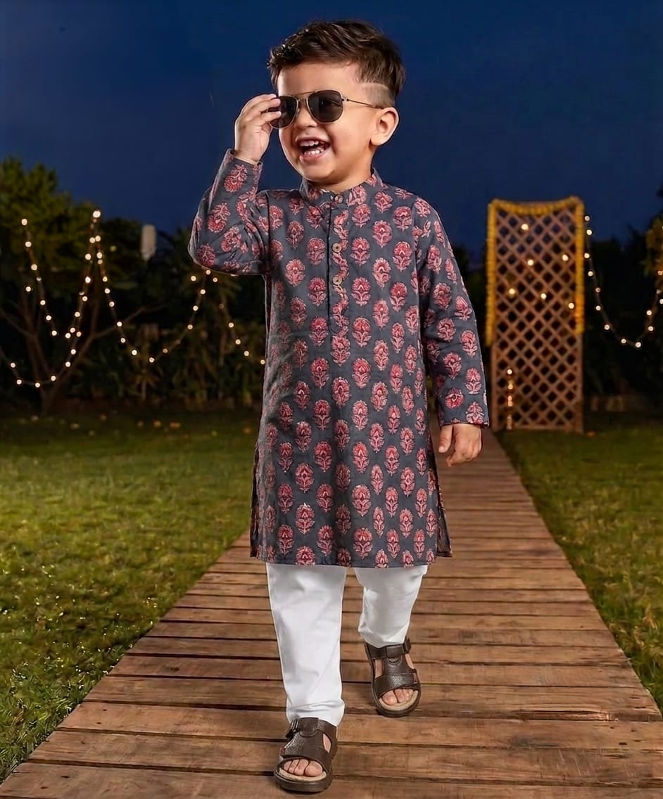 Tiny Bugs Boys Printed Kurta Pajama - Grey