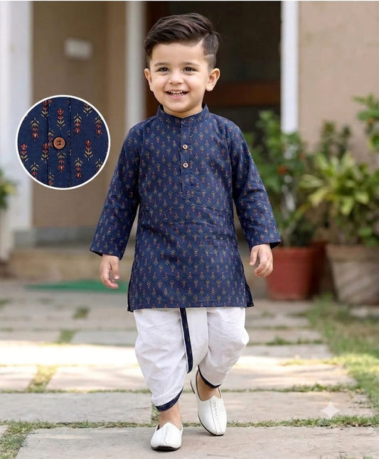 Tiny Bugs Boys Printed Kurta Dhoti - Blue