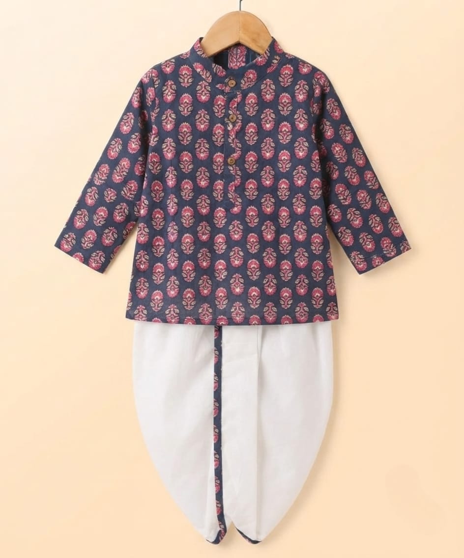 Tiny Bugs Boys Printed Kurta Dhoti - Navy Blue