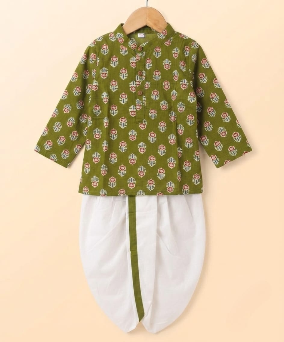 Tiny Bugs Boys Printed Kurta Dhoti - Olive Green