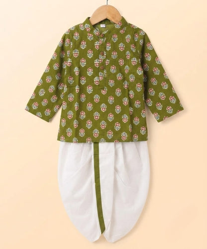 Tiny Bugs Boys Printed Kurta Dhoti - Olive Green