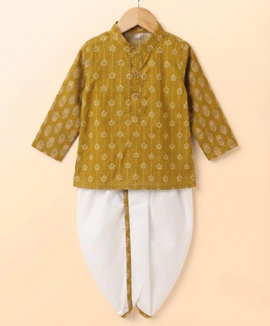 Tiny Bugs Boys Printed Kurta Dhoti - Mustard