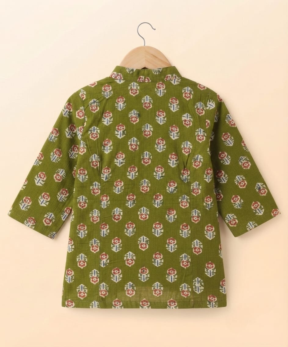 Tiny Bugs Boys Printed Kurta Dhoti - Olive Green