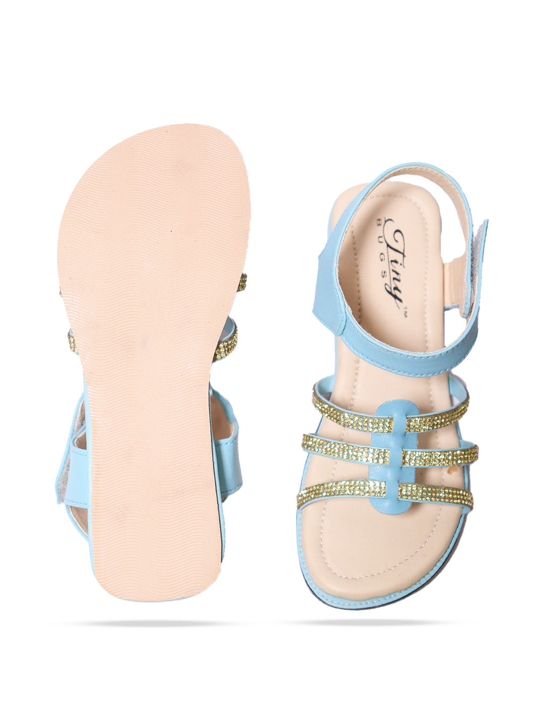 Tiny Bugs Girls Striped  Velcro Sandals - Sky Blue