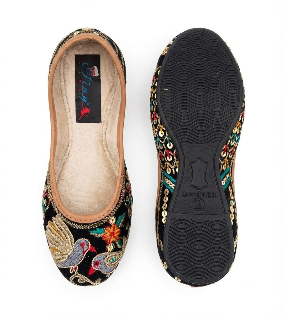 Tiny Bugs Girls Ethnic Embroidery Jutis - Black