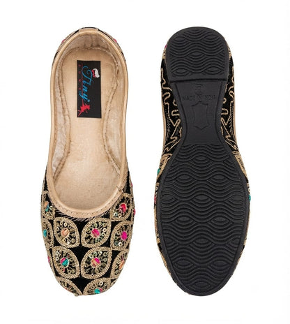 Tiny Bugs Girls Ethnic Embroidery Jutis - Black