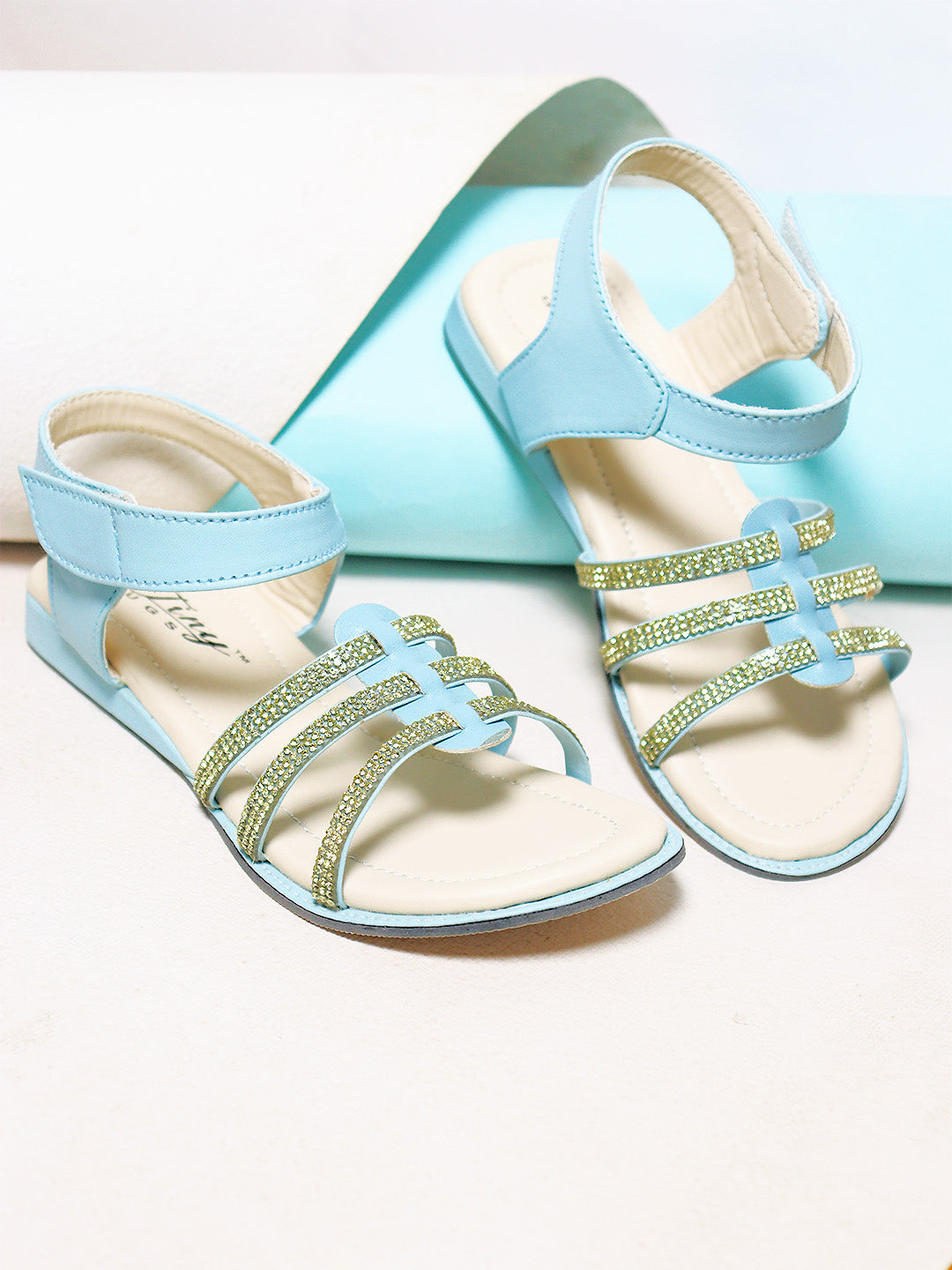 Tiny Bugs Girls Striped  Velcro Sandals - Sky Blue
