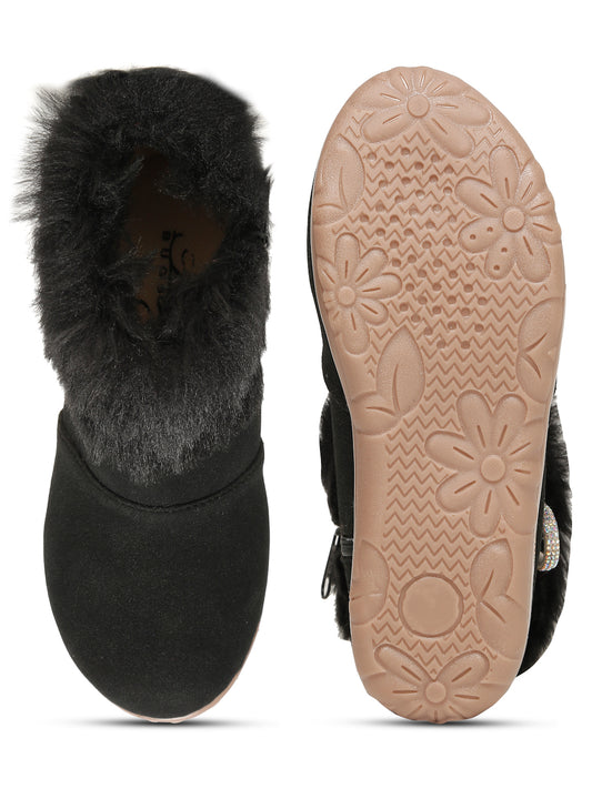 Tiny Bugs Girls Party Wear Embellished Fur Boots - Black
