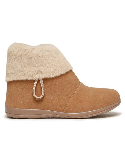 Tiny Bugs Girls Party Wear Embellished Fur Boots - Tan