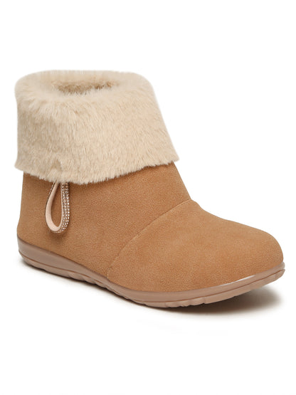 Tiny Bugs Girls Party Wear Embellished Fur Boots - Tan