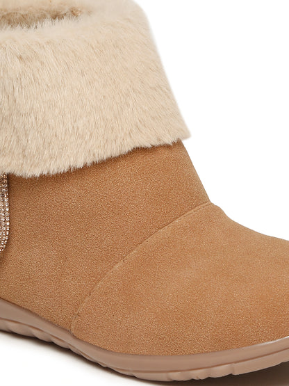 Tiny Bugs Girls Party Wear Embellished Fur Boots - Tan