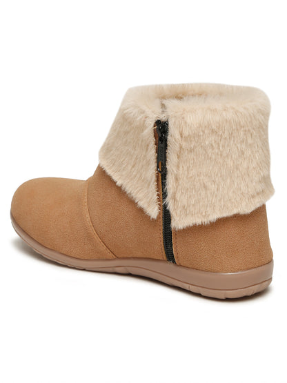Tiny Bugs Girls Party Wear Embellished Fur Boots - Tan