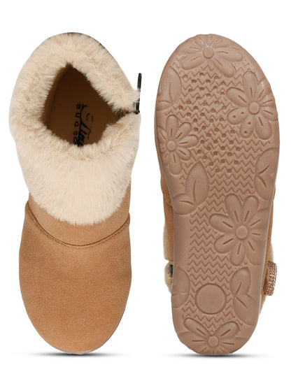Tiny Bugs Girls Party Wear Embellished Fur Boots - Tan