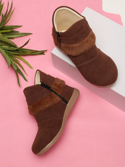 Tiny Bugs Girls Party Wear Fur Boots - Brown