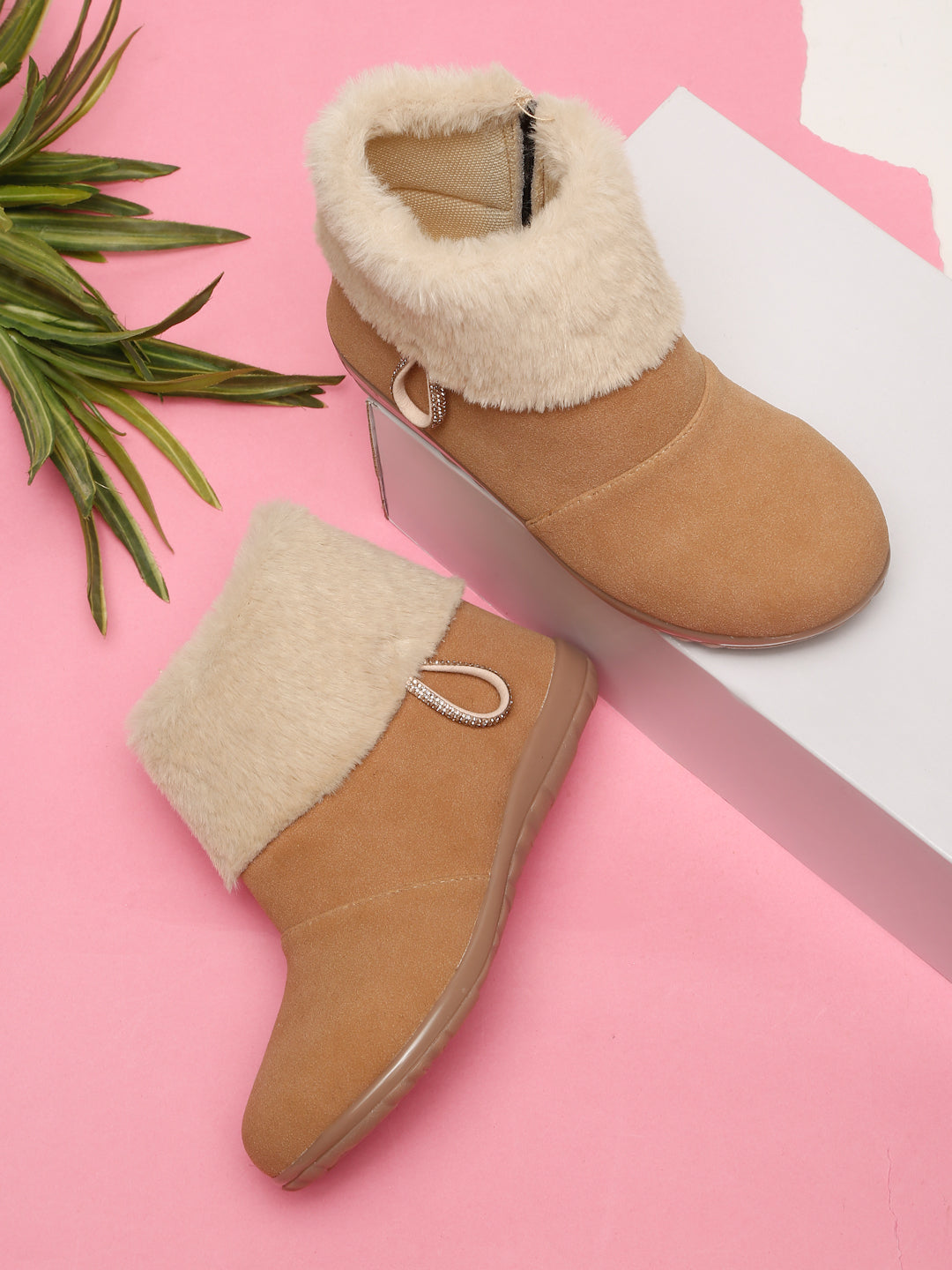 Tiny Bugs Girls Party Wear Embellished Fur Boots - Tan