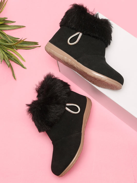 Tiny Bugs Girls Party Wear Embellished Fur Boots - Black