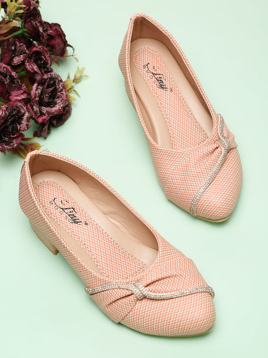 Tiny Bugs Girls Party Wear Embellished Ballerinas - Peach