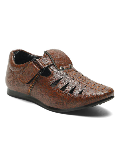 Tiny Bugs Velcro Party Wear Roman Sandals - Tan and Brown