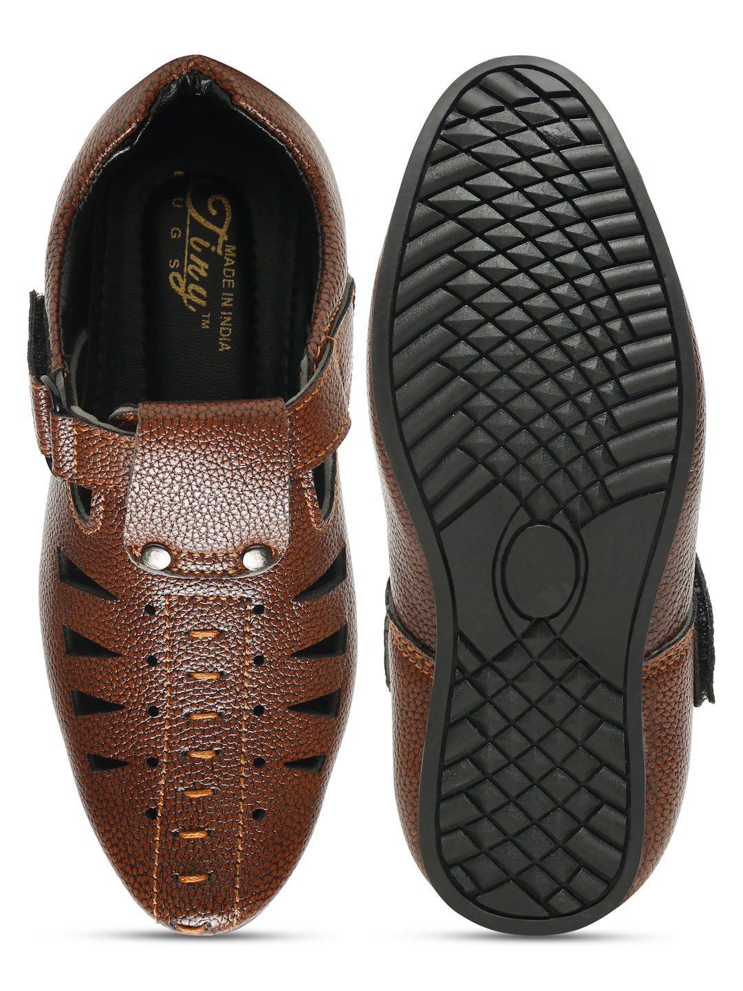 Tiny Bugs Velcro Party Wear Roman Sandals - Tan and Brown