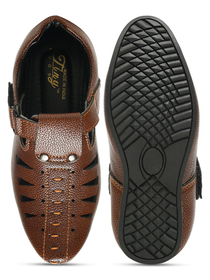 Tiny Bugs Velcro Party Wear Roman Sandals - Tan and Brown