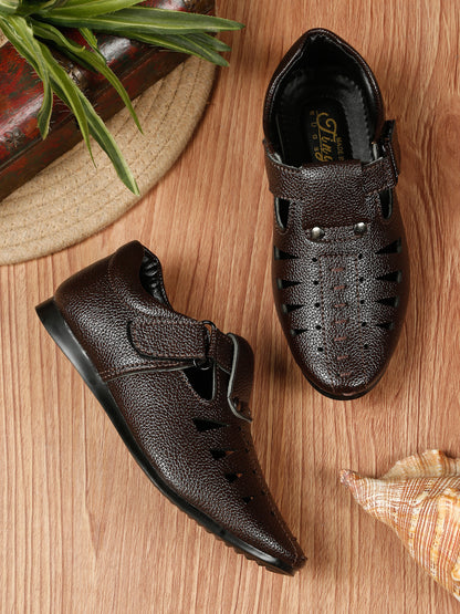 Tiny Bugs Velcro Party Wear Roman Sandals - Tan and Brown