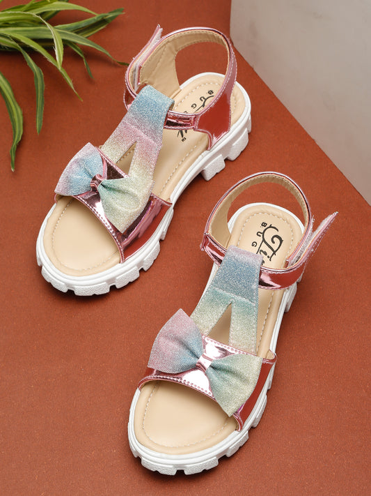 Tiny Bugs Girls' Stylish Mettalic Pink I Multi Rainbow Bow Sandals with Chunky Sole and Velcro Strap | Comfortable Flat Sandals for Kids | Casual Footwear for Girls