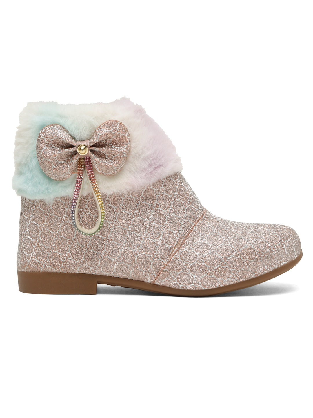 Tiny Bugs Girls Party Wear Embellished Fur Boots - Gold