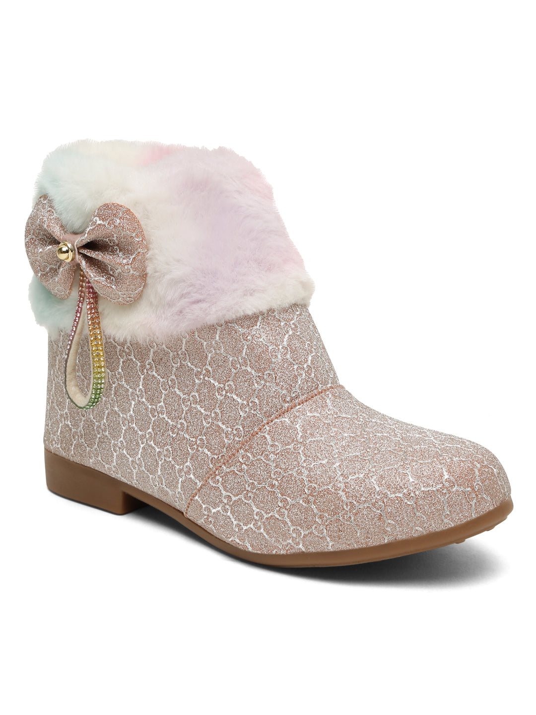 Tiny Bugs Girls Party Wear Embellished Fur Boots - Gold
