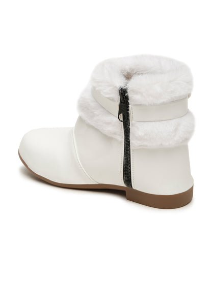 Tiny Bugs Girls Party Wear Embellished Fur Boots - White