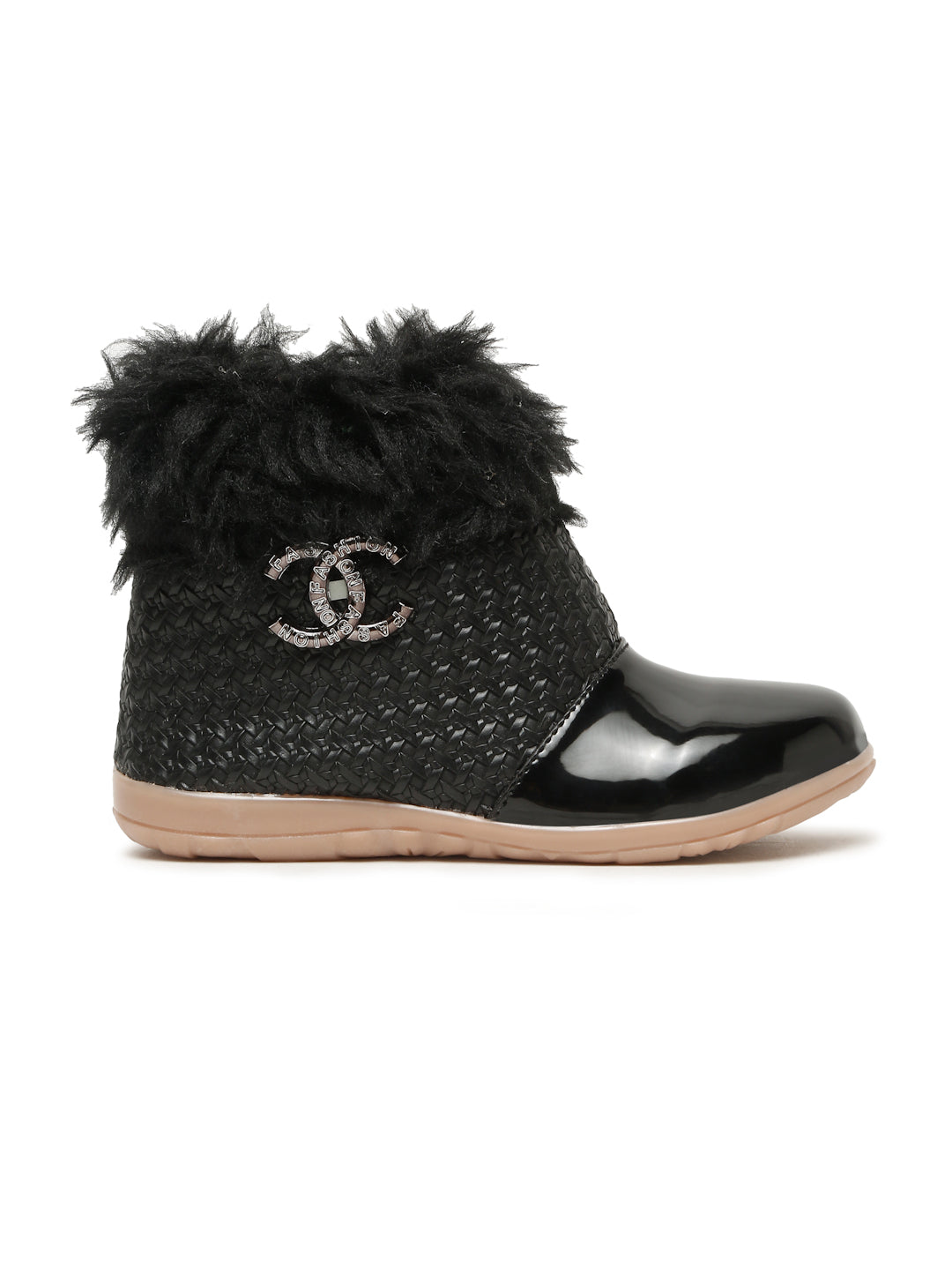 Tiny Bugs Girls Party Wear Embellished Fur Boots - Black