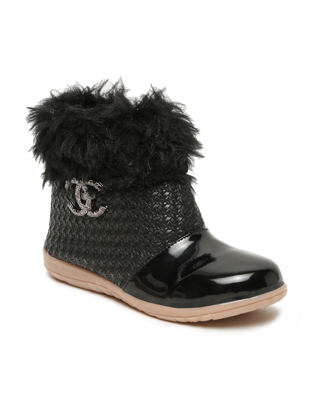 Tiny Bugs Girls Party Wear Embellished Fur Boots - Black