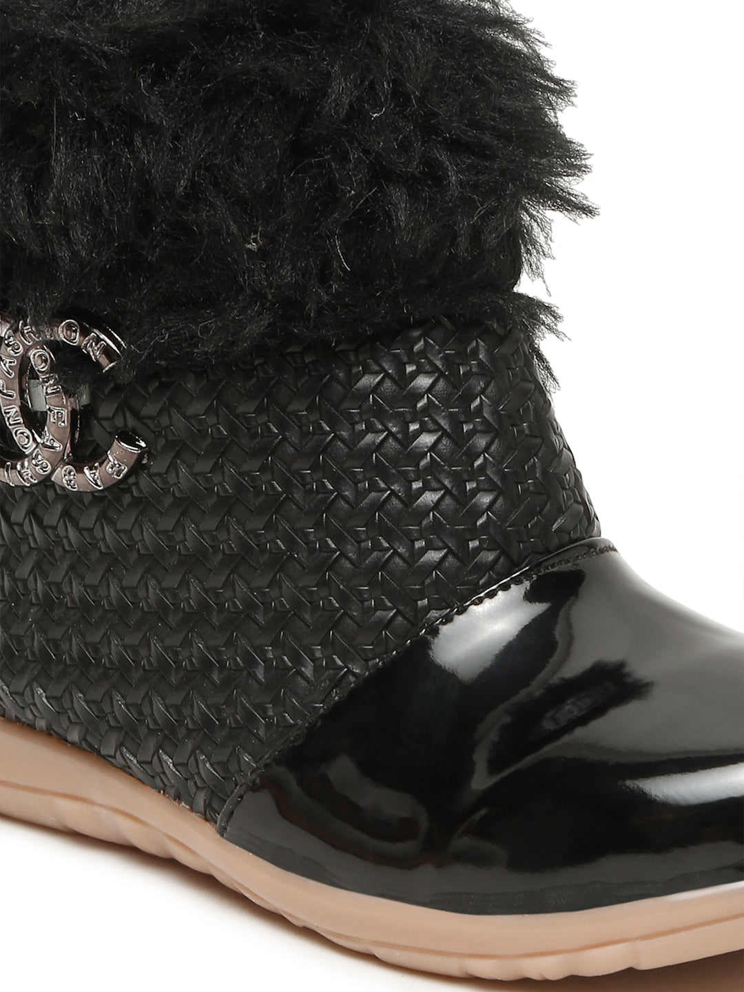 Tiny Bugs Girls Party Wear Embellished Fur Boots - Black