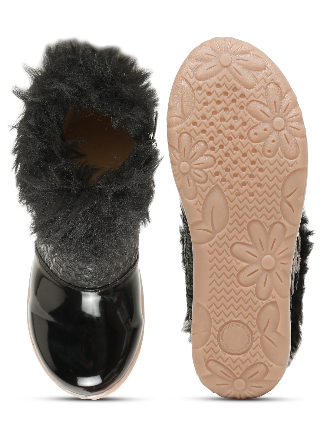 Tiny Bugs Girls Party Wear Embellished Fur Boots - Black
